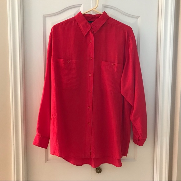 KARUBA Tops - KARBUBA   100 % Red Silk Long Sleeved Blouse